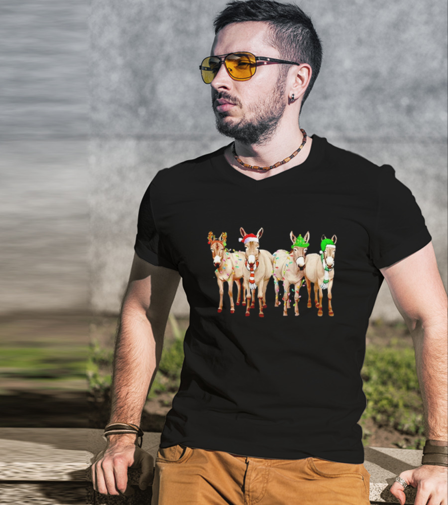Merry Christmas Donkey Festive Holiday Lights With Reindeer Antlers And Santa Hats T-Shirt