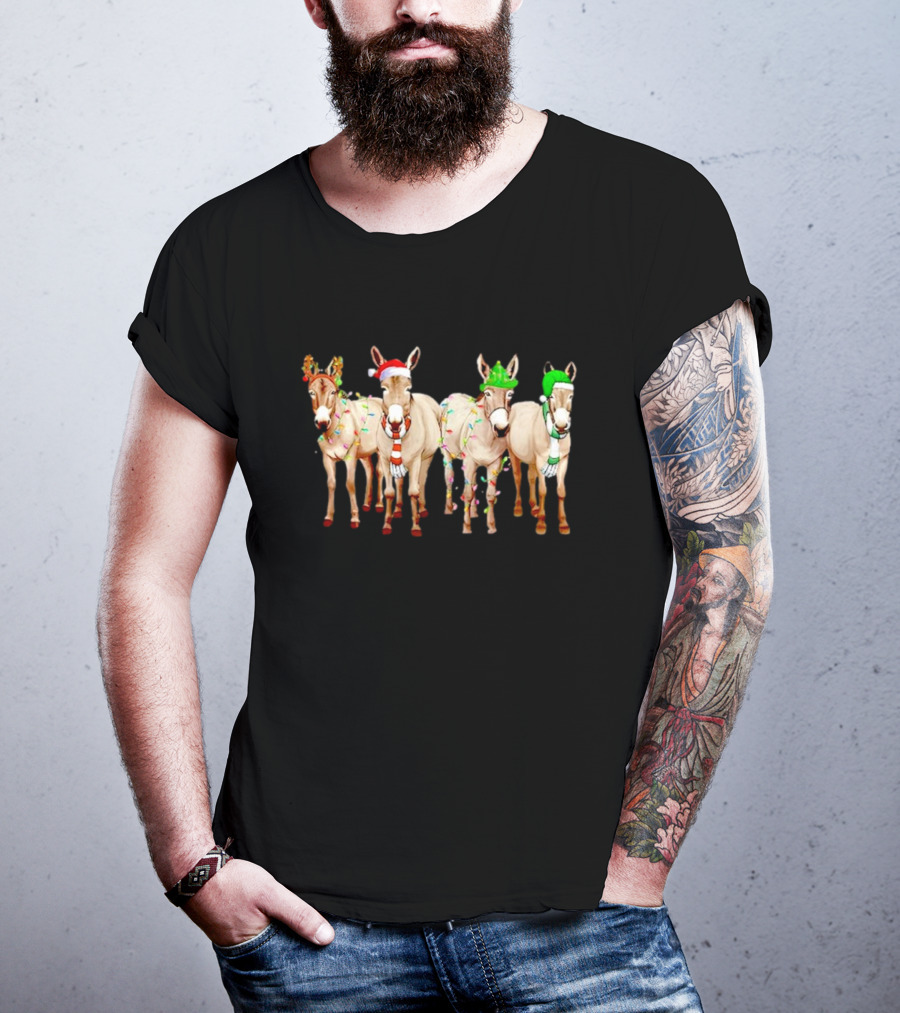Merry Christmas Donkey Festive Holiday Lights With Reindeer Antlers And Santa Hats T-Shirt