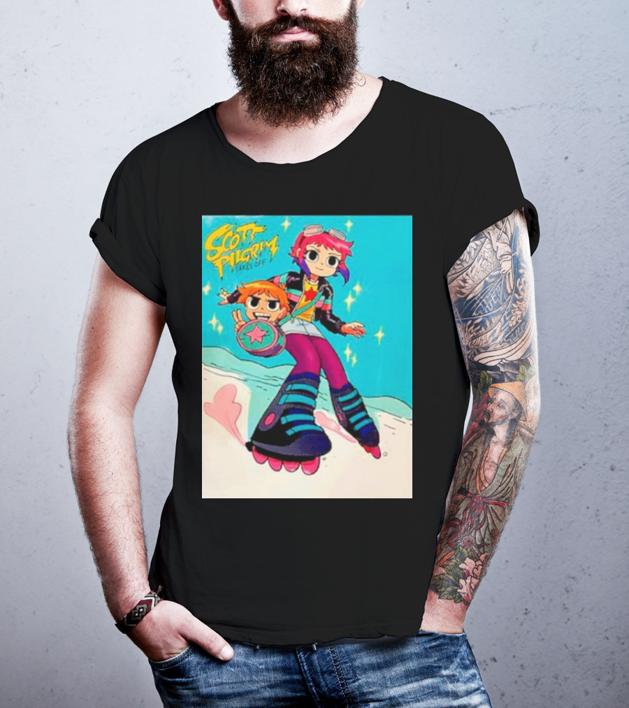 Scott Pilgrim Takes Off Roller Skating Adventure With Animated Style Characters T-Shirt