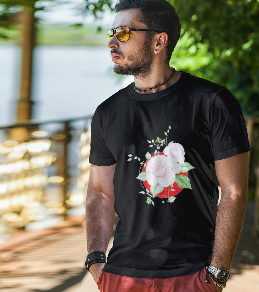 5Yr Kintsugi Rose Floral Design On Red Circle Background T-Shirt