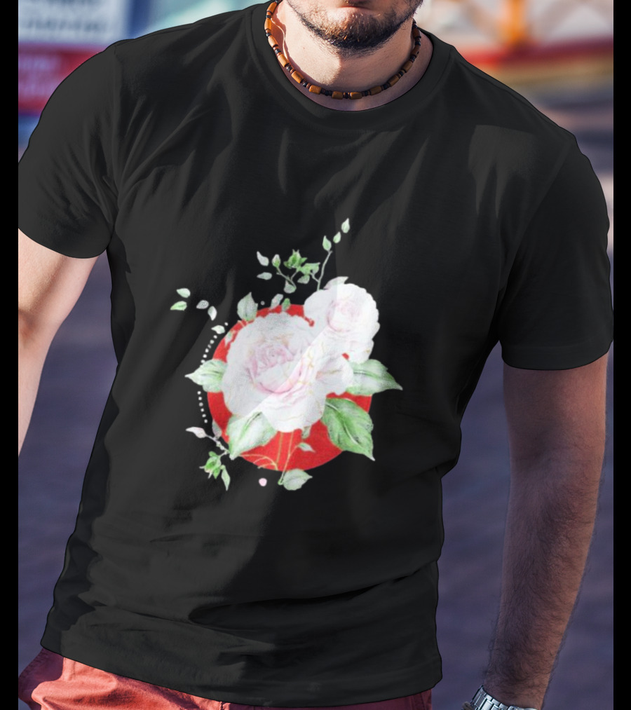 5Yr Kintsugi Rose Floral Design On Red Circle Background T-Shirt