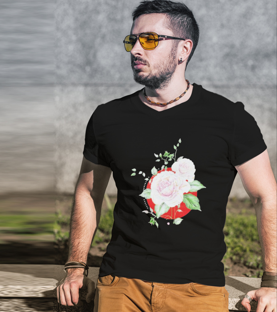 5Yr Kintsugi Rose Floral Design On Red Circle Background T-Shirt