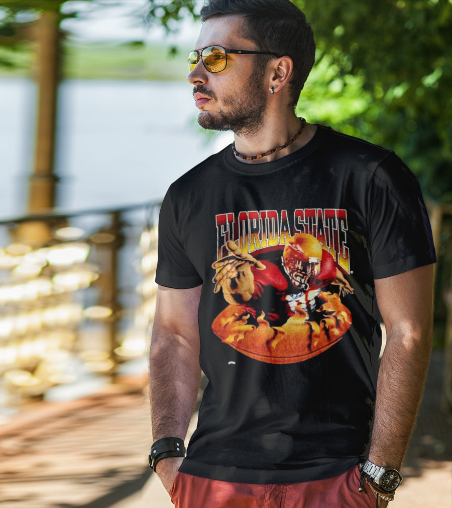 Florida State Seminoles FSU Football Player Emerging From Flames Two Sided Nutmeg T-Shirt