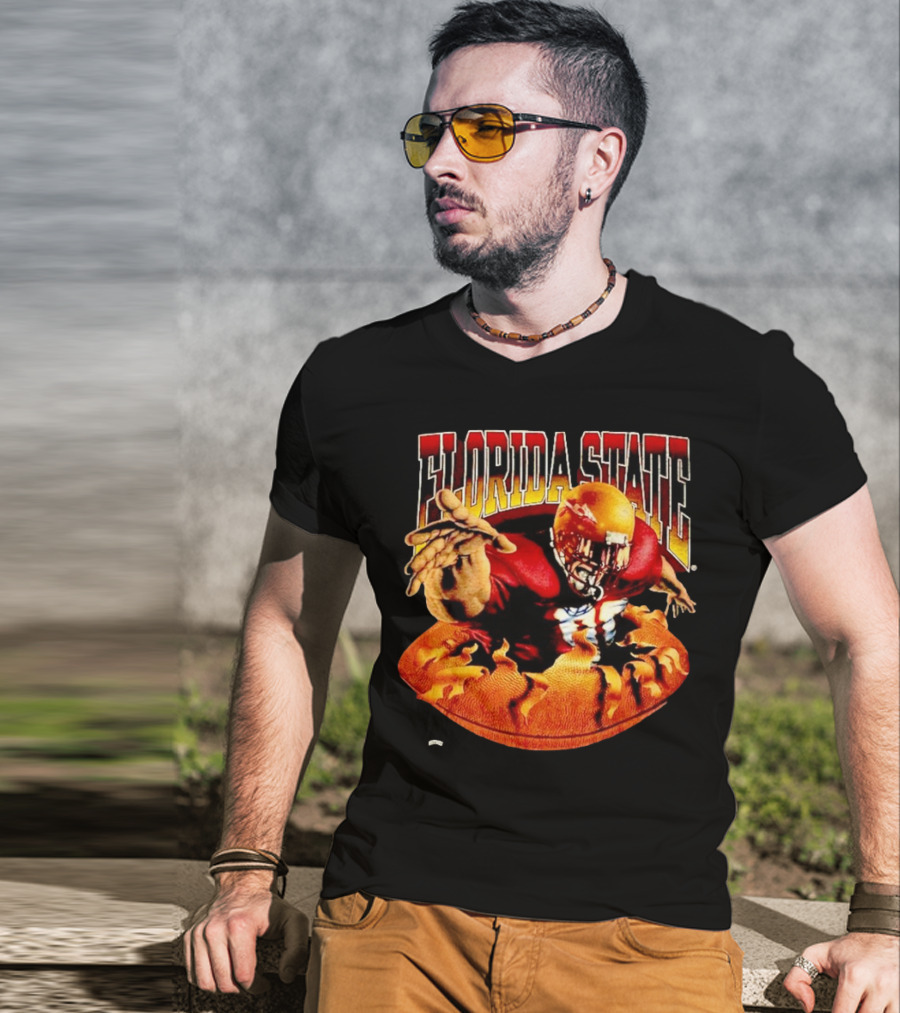 Florida State Seminoles FSU Football Player Emerging From Flames Two Sided Nutmeg T-Shirt
