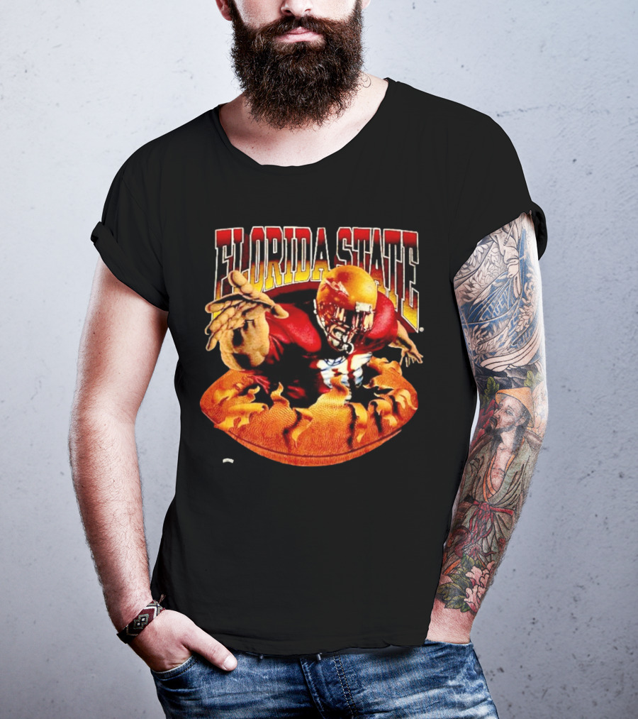 Florida State Seminoles FSU Football Player Emerging From Flames Two Sided Nutmeg T-Shirt