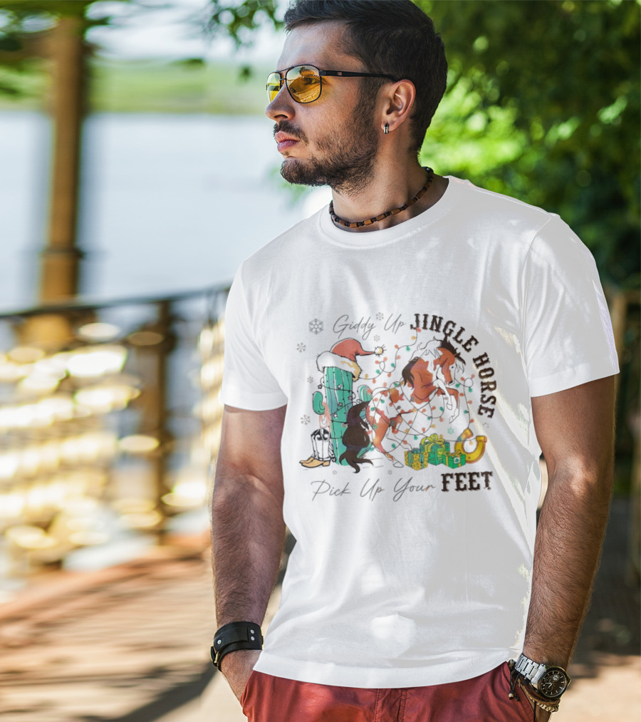 Giddy Up Jingle Horse Pick Up Your Feet Cactus With Santa Hat And Gifts T-Shirt