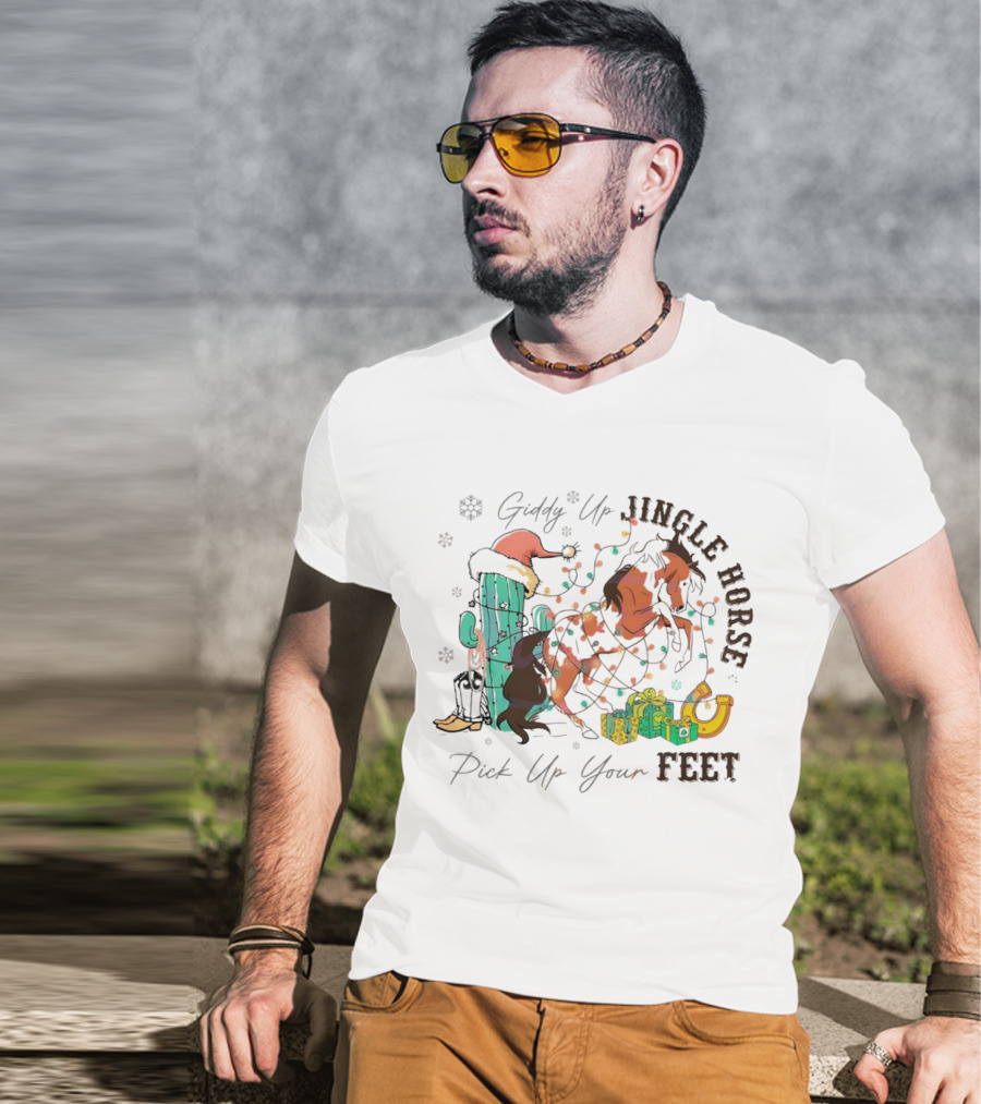Giddy Up Jingle Horse Pick Up Your Feet Cactus With Santa Hat And Gifts T-Shirt