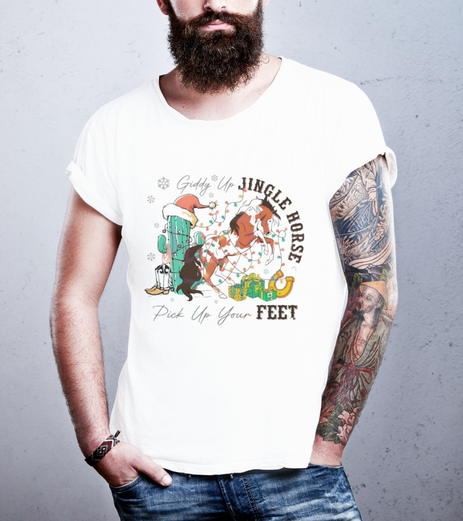 Giddy Up Jingle Horse Pick Up Your Feet Cactus With Santa Hat And Gifts T-Shirt