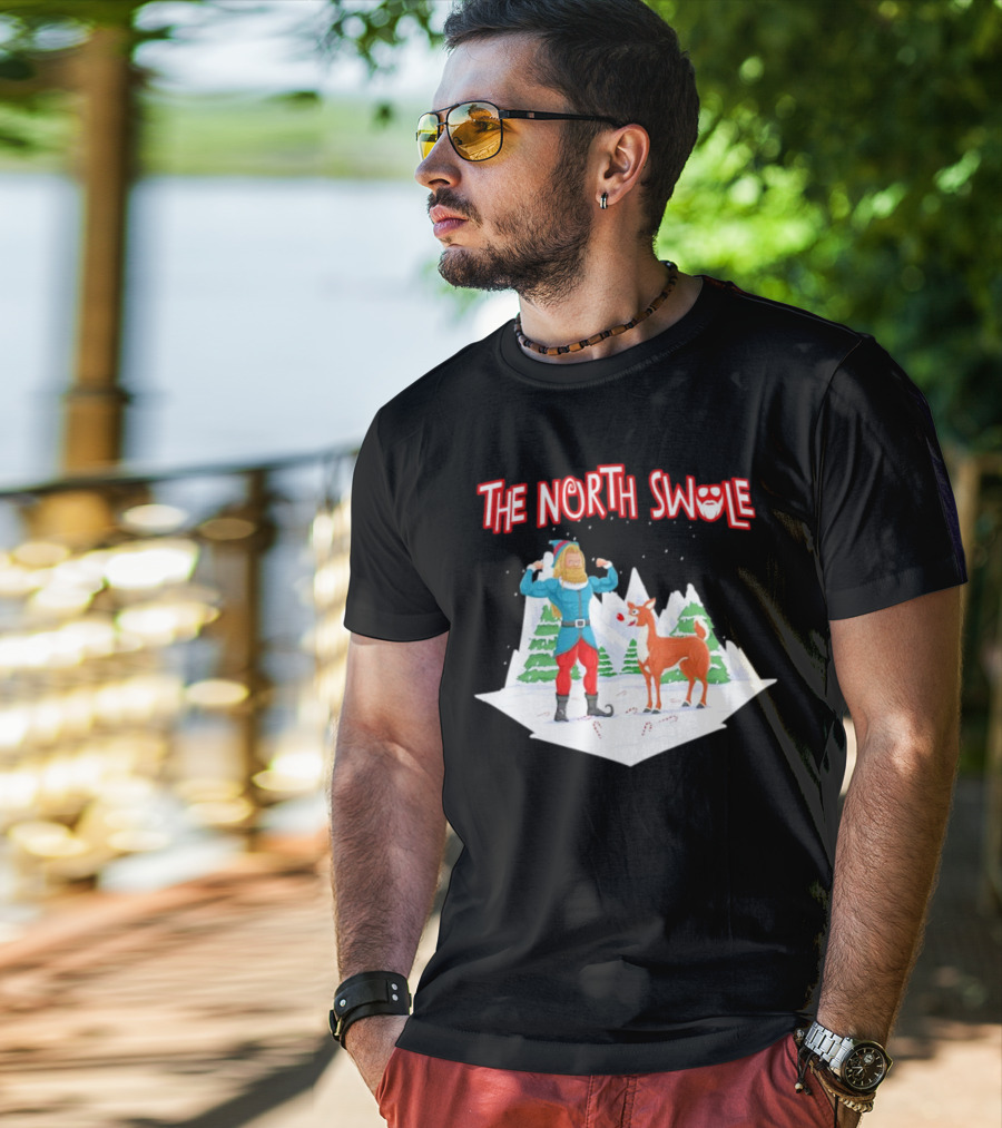 Papa Swolio Elf With Reindeer In The North Swole Winter Scene T-Shirt