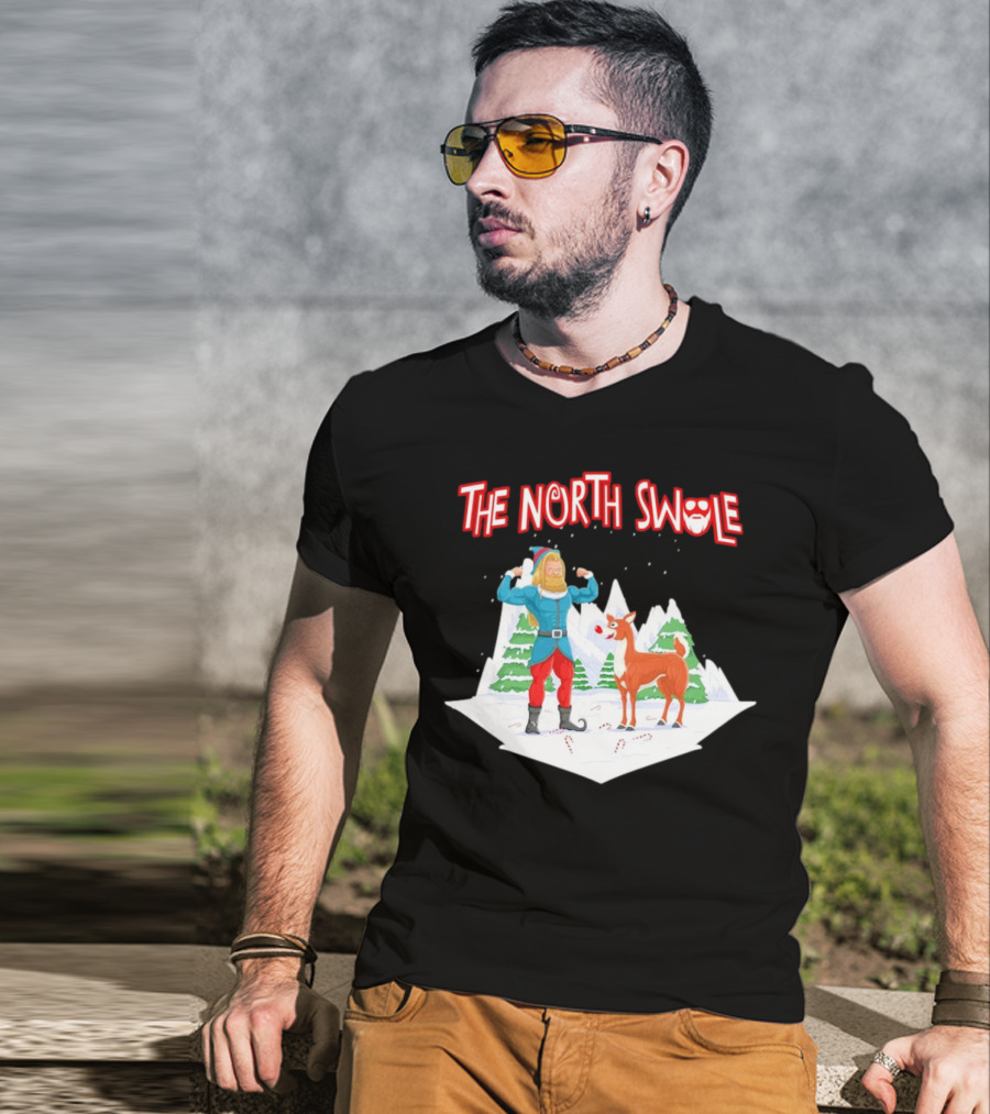 Papa Swolio Elf With Reindeer In The North Swole Winter Scene T-Shirt