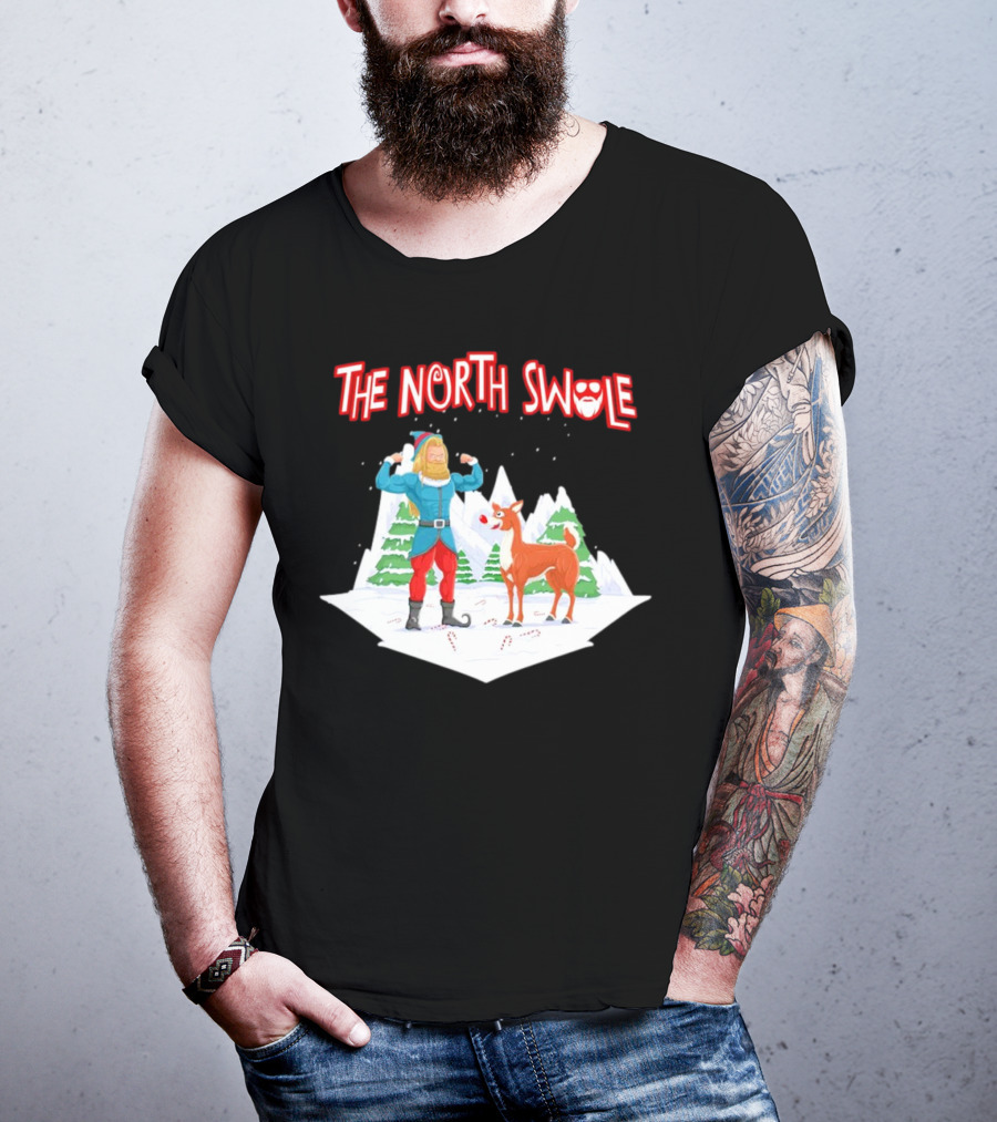 Papa Swolio Elf With Reindeer In The North Swole Winter Scene T-Shirt