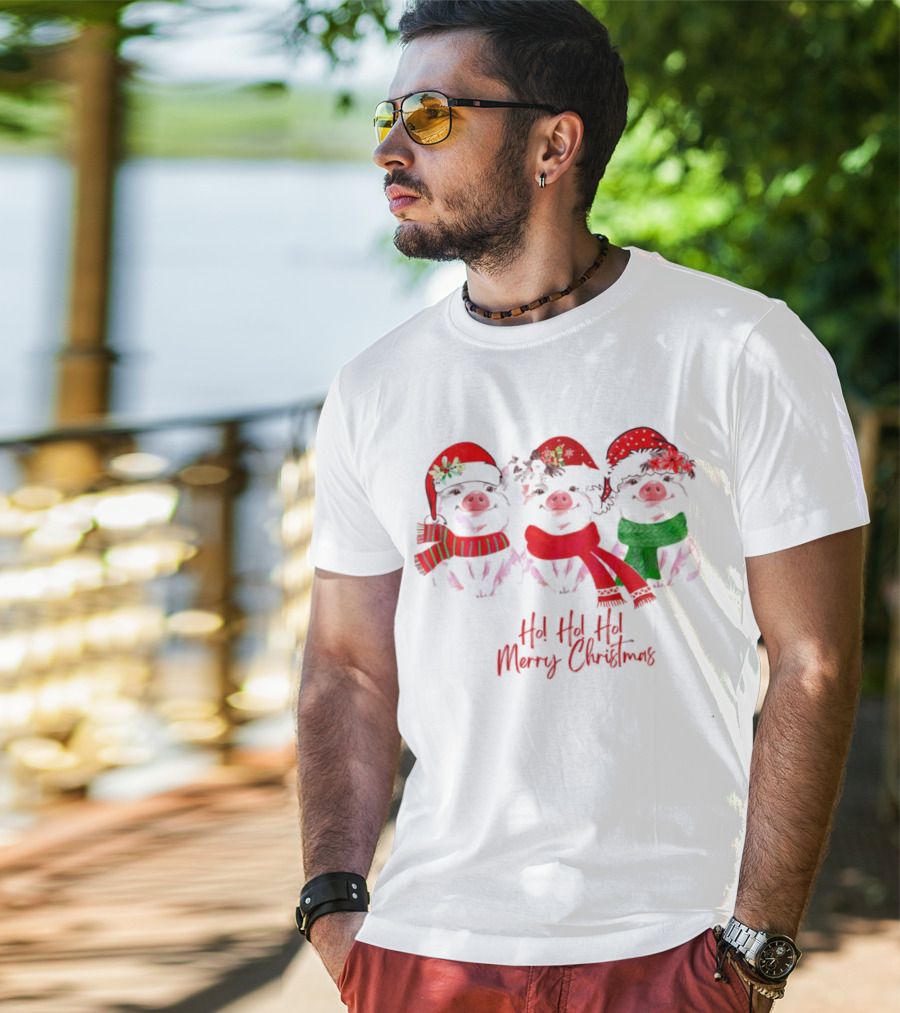 Ho Ho Ho Merry Christmas Pig Trio Santa Hat T-Shirt