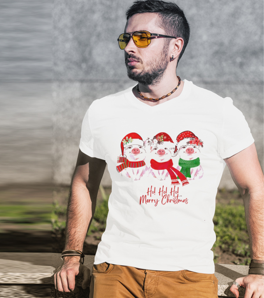 Ho Ho Ho Merry Christmas Pig Trio Santa Hat T-Shirt