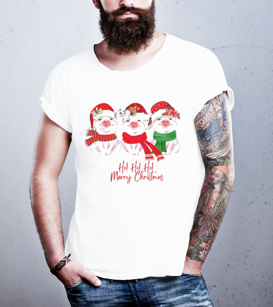 Ho Ho Ho Merry Christmas Pig Trio Santa Hat T-Shirt