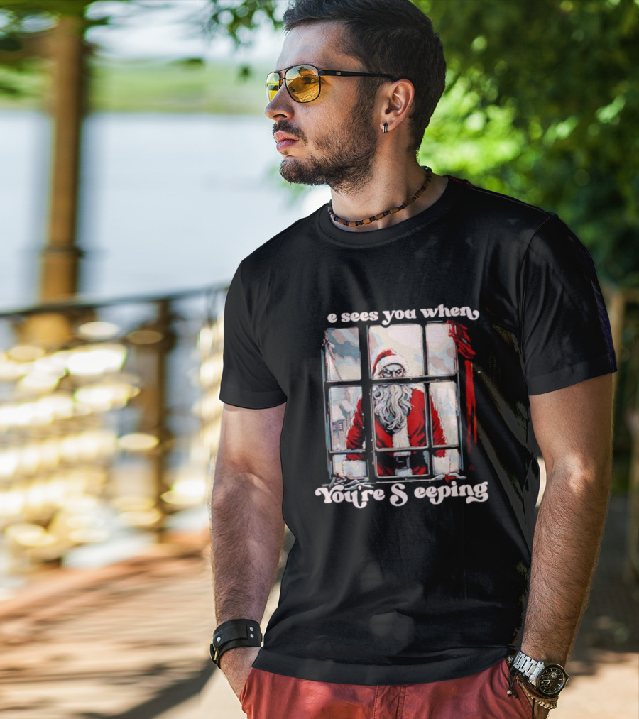 He Sees You When You're Sleeping Santa Horror Window Scene T-Shirt