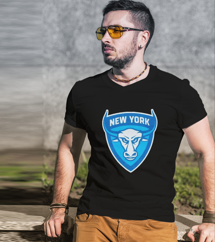 NEW YORK ATLAS BULL EMBLEM LOGO BLUE SHIELD T-Shirt