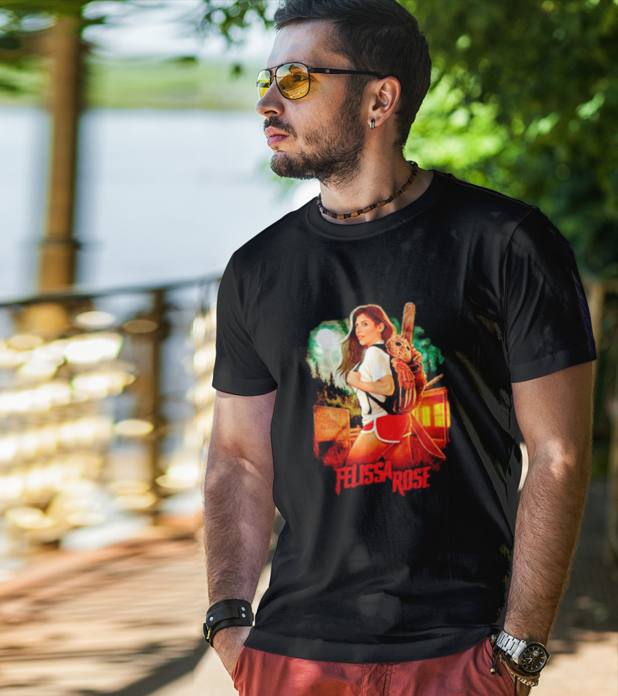 Felissa Rose Happy Camper Camp Arawak Masked Figure Forest Scene T-Shirt