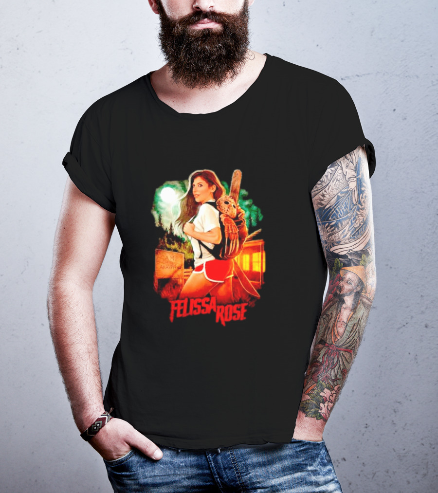 Felissa Rose Happy Camper Camp Arawak Masked Figure Forest Scene T-Shirt