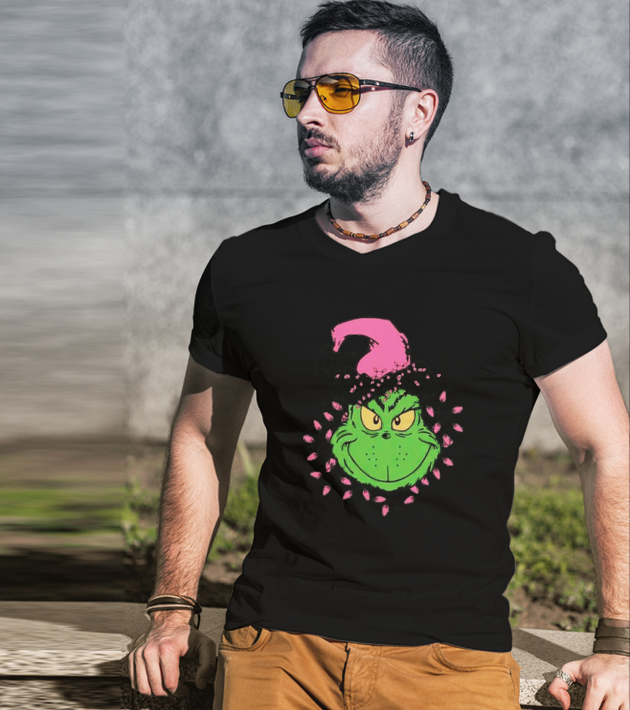 Grinch In Pink Santa Hat With Pink Christmas Lights T-Shirt