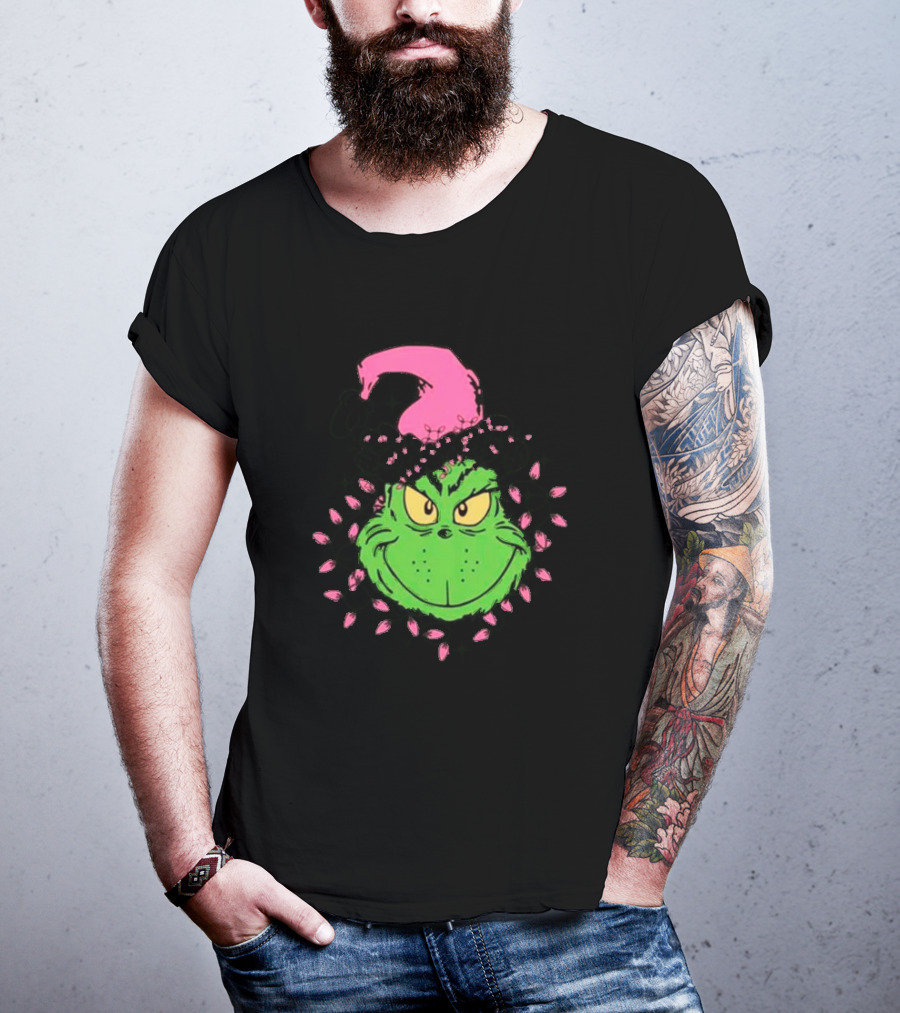 Grinch In Pink Santa Hat With Pink Christmas Lights T-Shirt