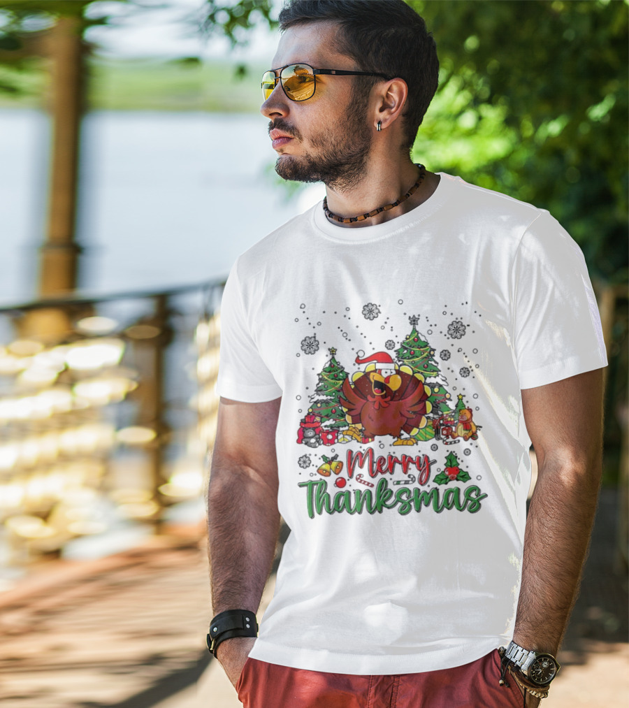 Merry Thanksmas Funny Turkey Santa Hat Christmas Trees T-Shirt