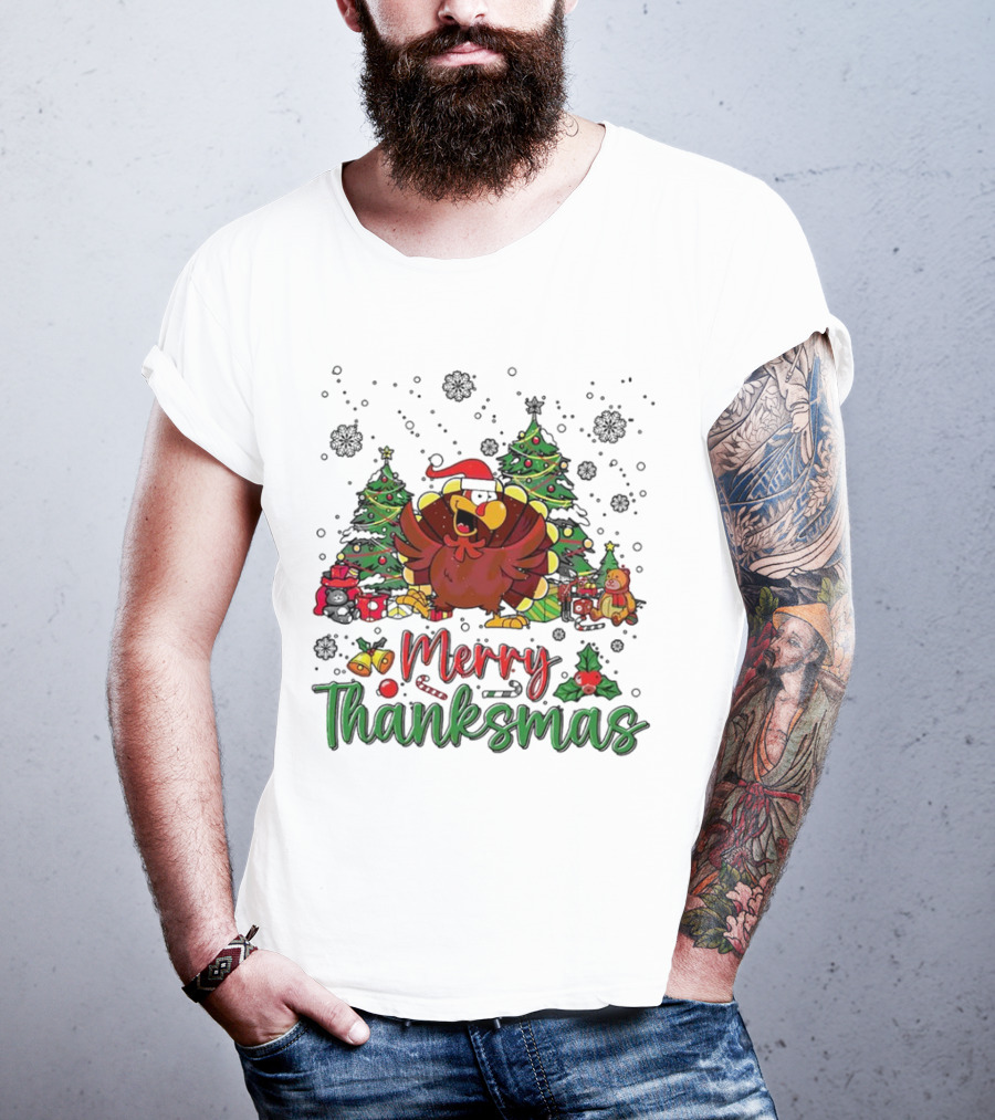 Merry Thanksmas Funny Turkey Santa Hat Christmas Trees T-Shirt