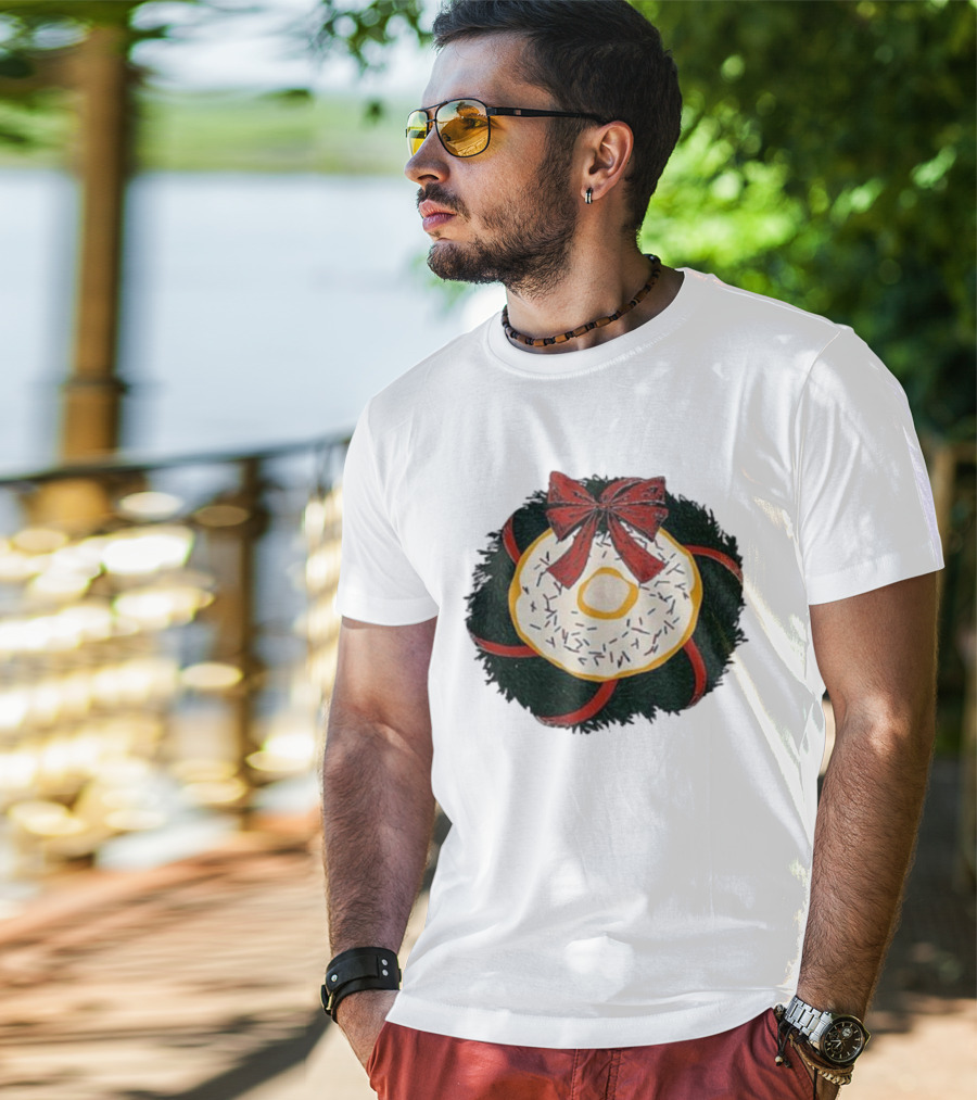 Gibson's Donuts Christmas Holiday Wreath With Red Bow And Donut Sprinkles T-Shirt