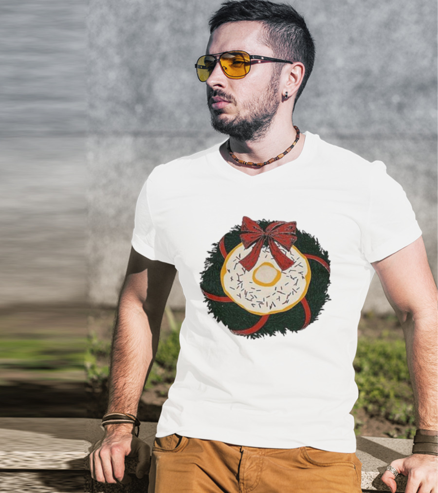 Gibson's Donuts Christmas Holiday Wreath With Red Bow And Donut Sprinkles T-Shirt