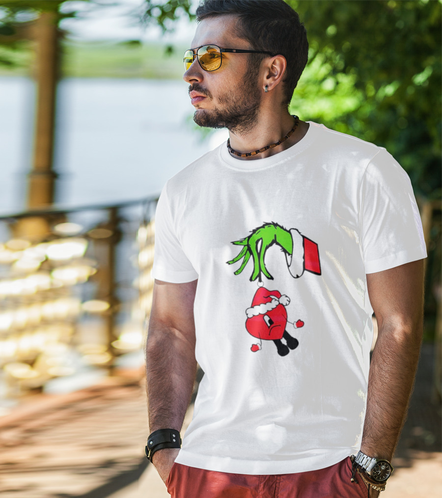Grinch Hand Bad Bunny Santa Hat Christmas T-Shirt