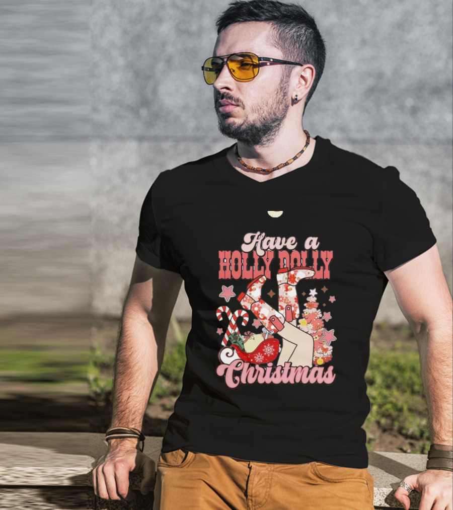Have A Holly Dolly Christmas Sleigh Candy Canes And Stars T-Shirt