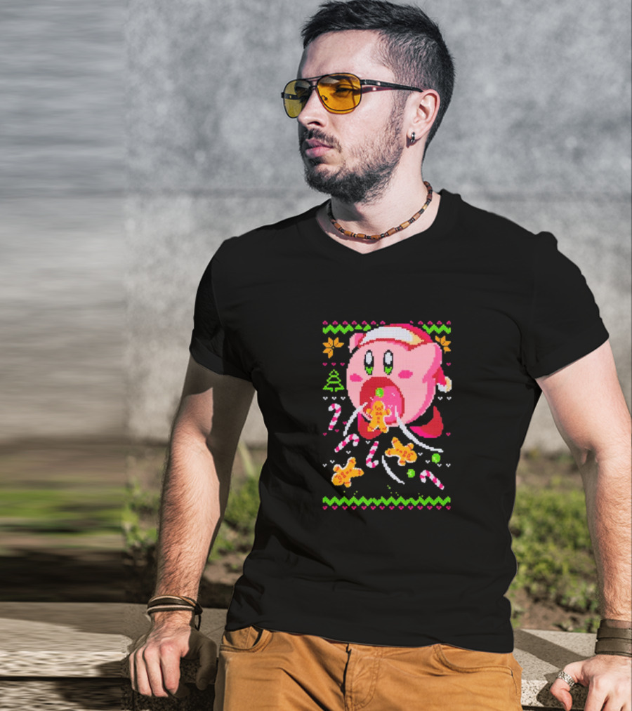 Kirby Santa Hat Eating Gingerbread Candy Canes Holiday T-Shirt