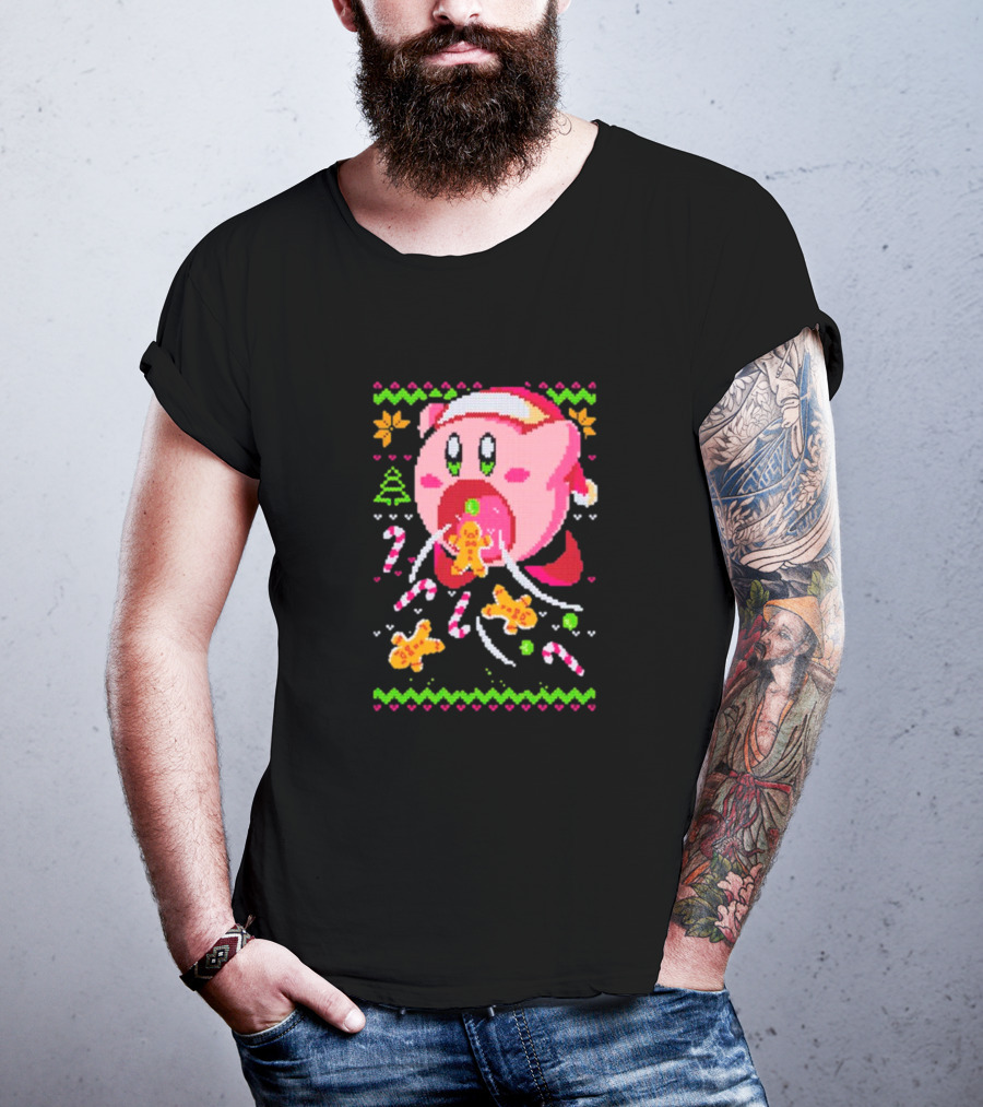 Kirby Santa Hat Eating Gingerbread Candy Canes Holiday T-Shirt