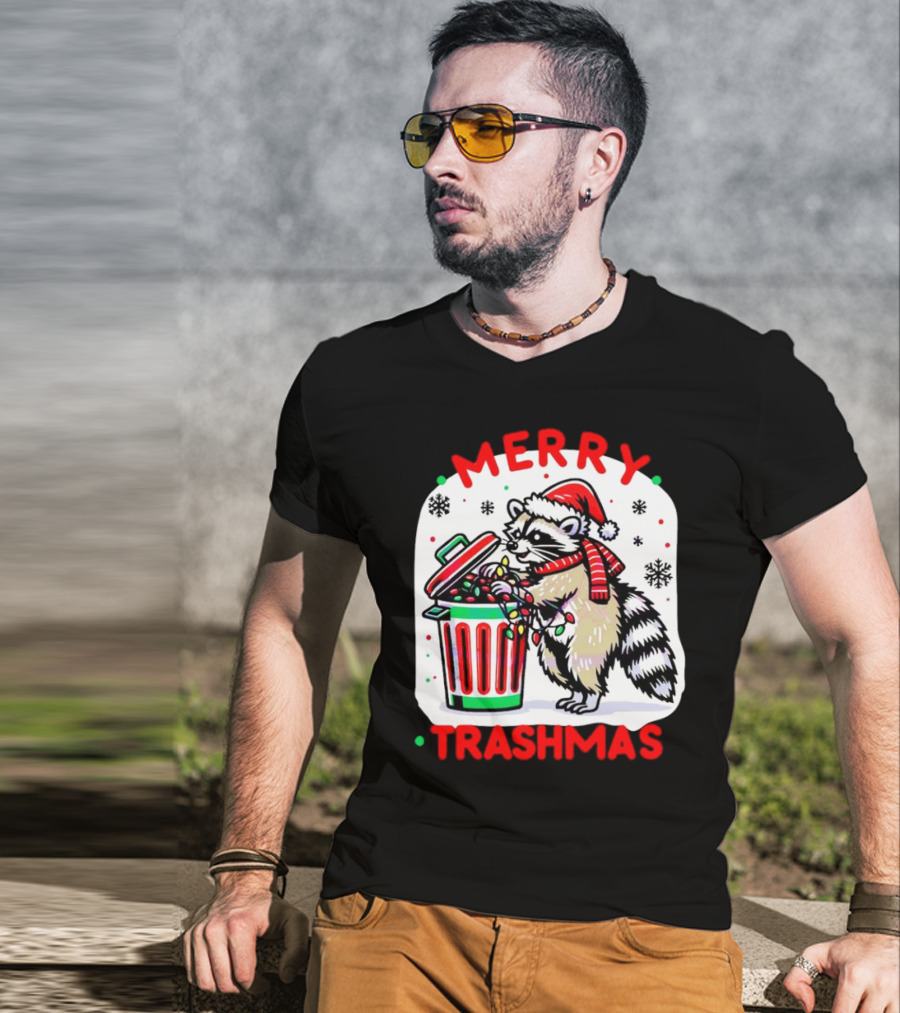 Merry Trashmas Raccoon Santa With Christmas Lights T-Shirt