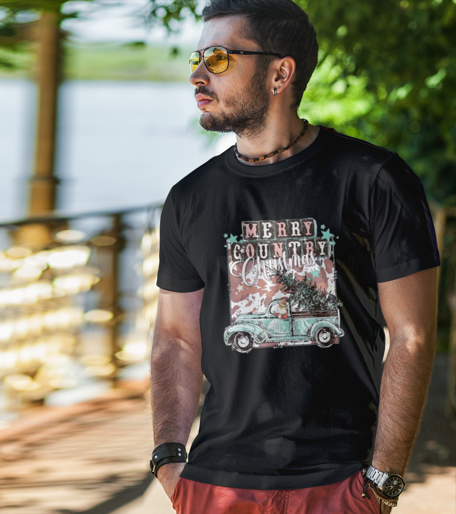 Merry Country Christmas Santa Truck With Tree T-Shirt