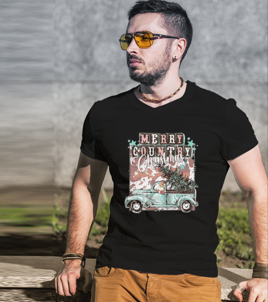 Merry Country Christmas Santa Truck With Tree T-Shirt