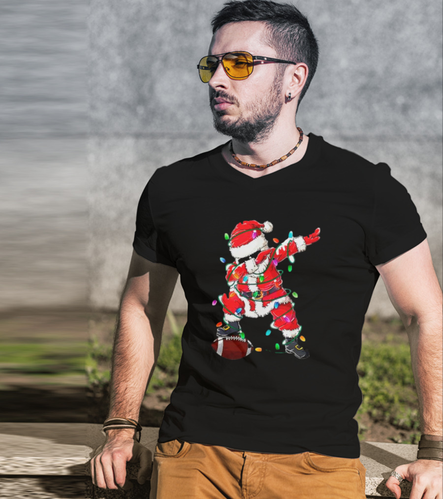 Santa Dabbing With Christmas Lights And Football T-Shirt