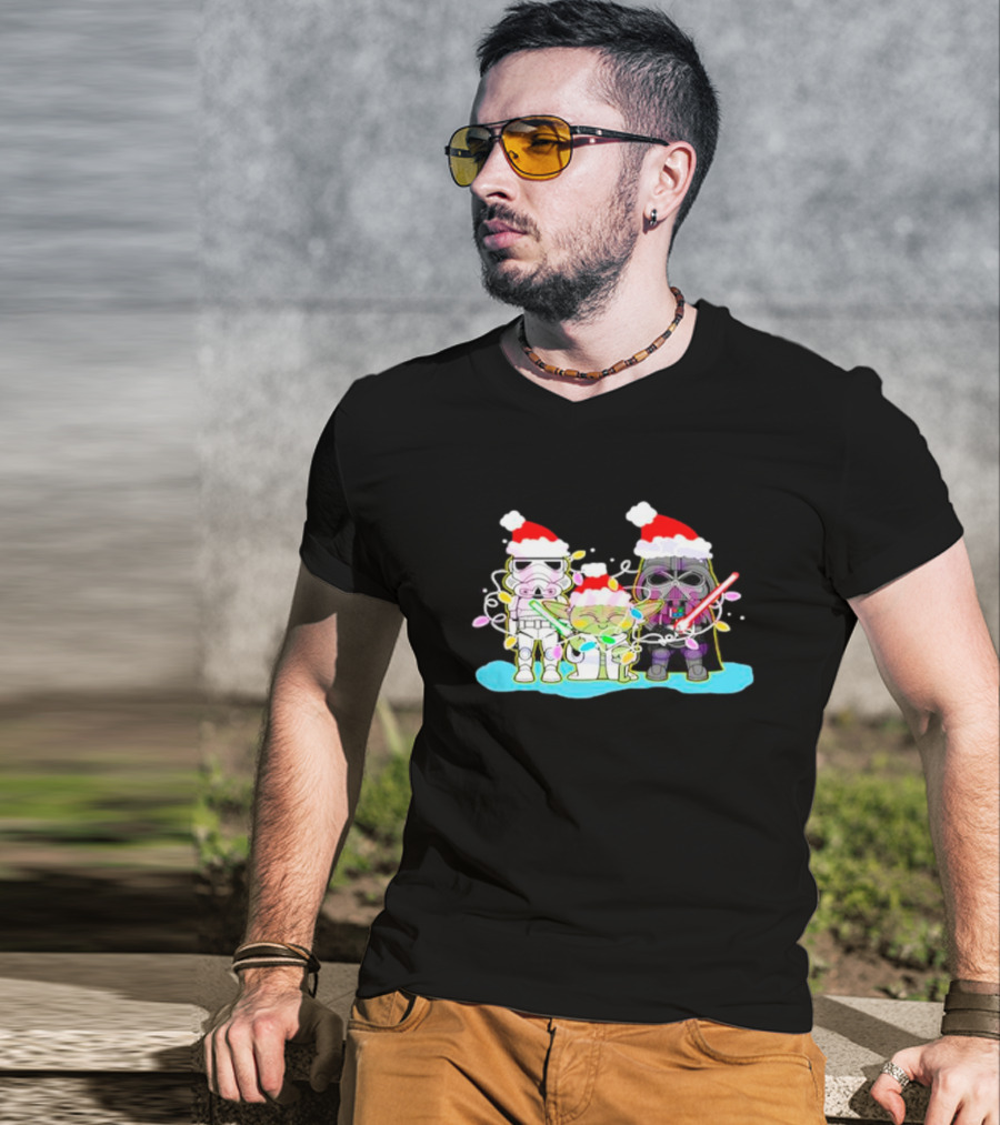 Santa Star Wars Characters With Christmas Lights T-Shirt