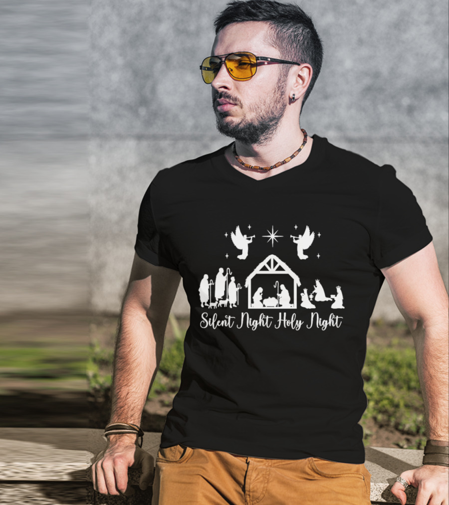 Silent Night Holy Night Nativity Scene With Angels And Star T-Shirt