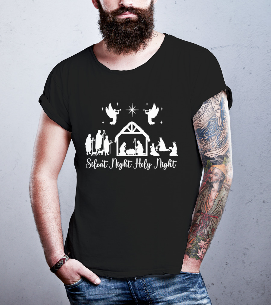 Silent Night Holy Night Nativity Scene With Angels And Star T-Shirt