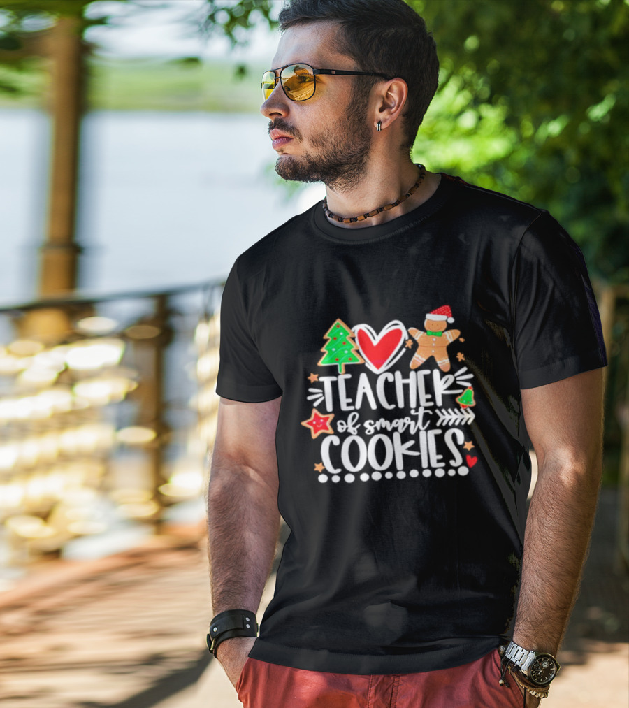 Teacher Of Smart Cookies Christmas Tree Gingerbread Heart Stars T-Shirt