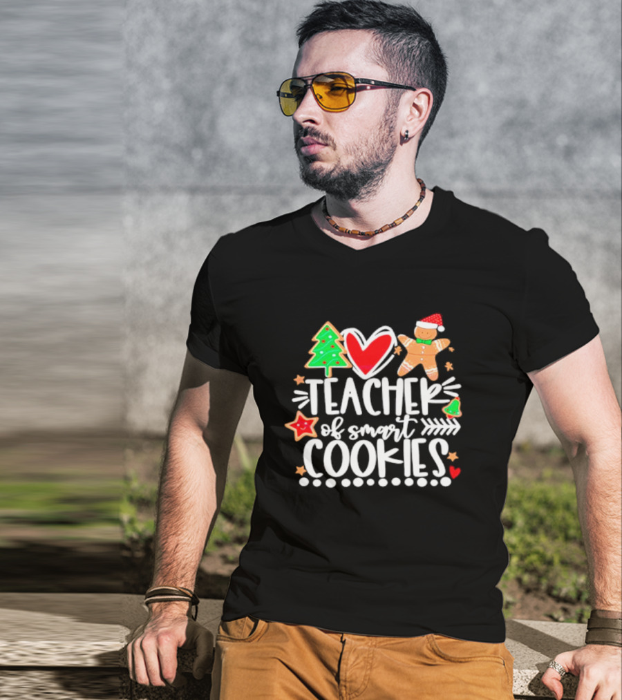 Teacher Of Smart Cookies Christmas Tree Gingerbread Heart Stars T-Shirt