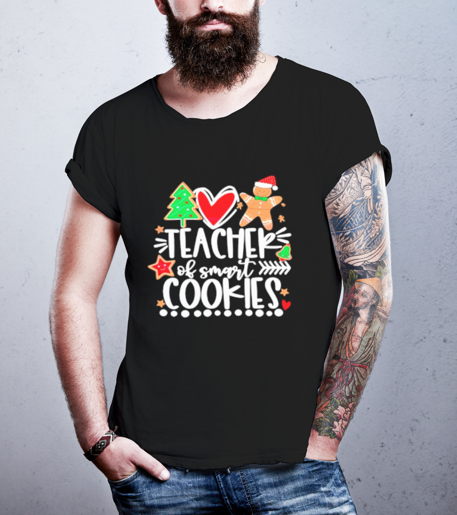 Teacher Of Smart Cookies Christmas Tree Gingerbread Heart Stars T-Shirt