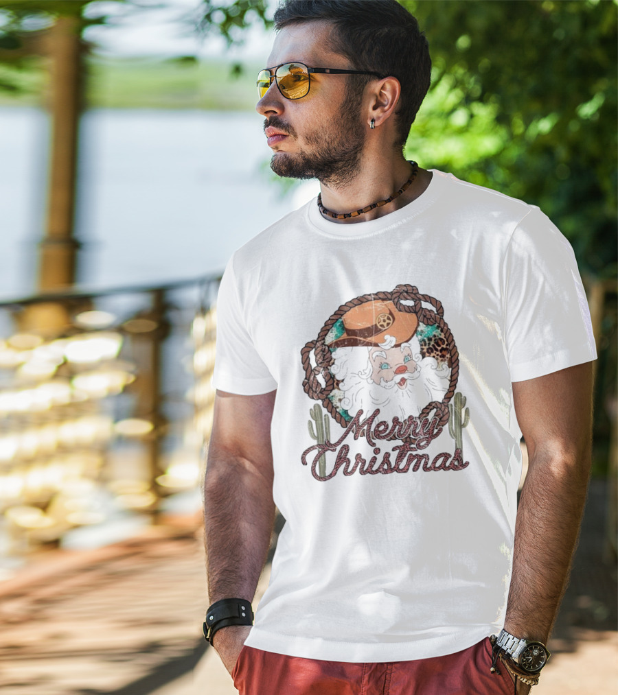 Merry Christmas Western Santa Cactus Rope Cowboy Hat T-Shirt