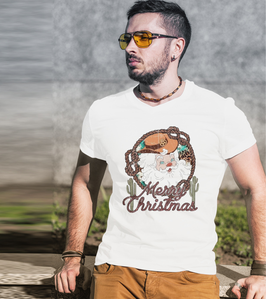 Merry Christmas Western Santa Cactus Rope Cowboy Hat T-Shirt