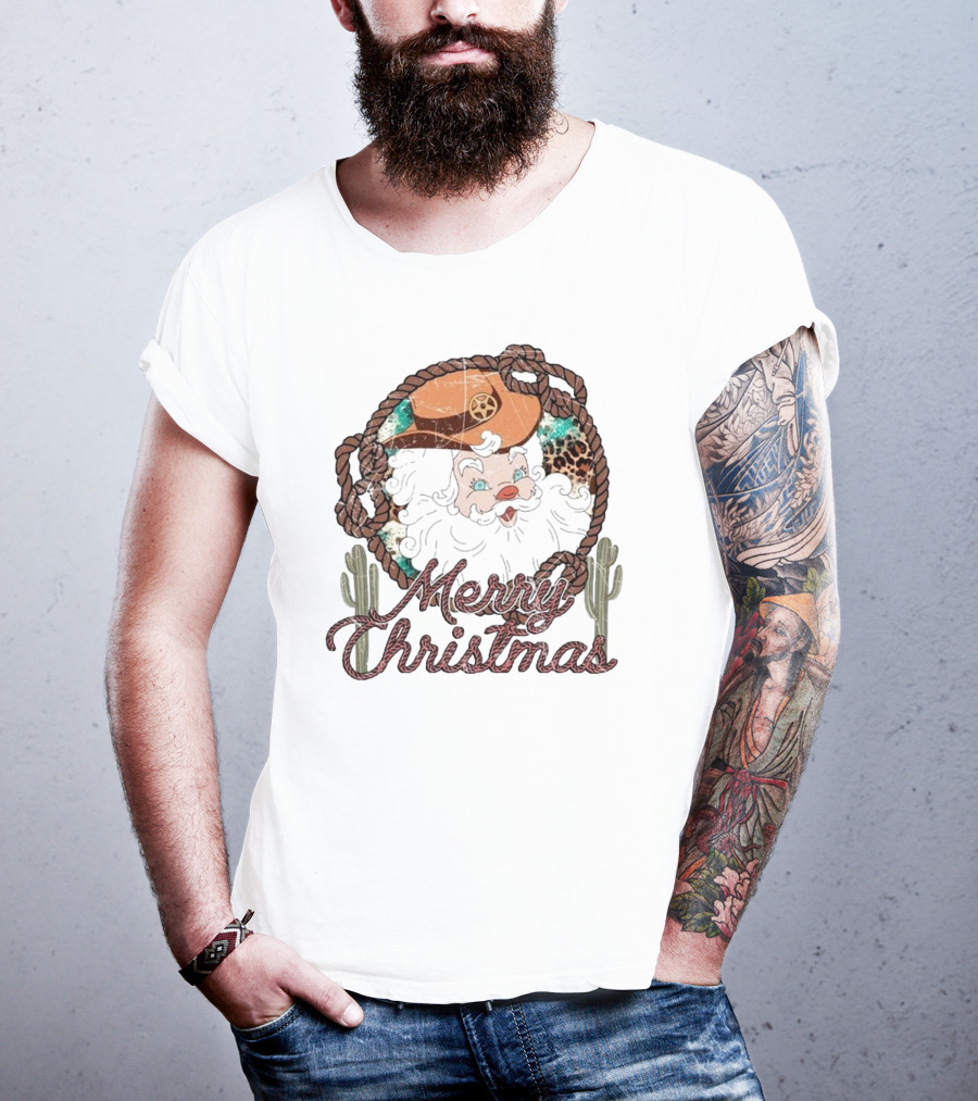 Merry Christmas Western Santa Cactus Rope Cowboy Hat T-Shirt
