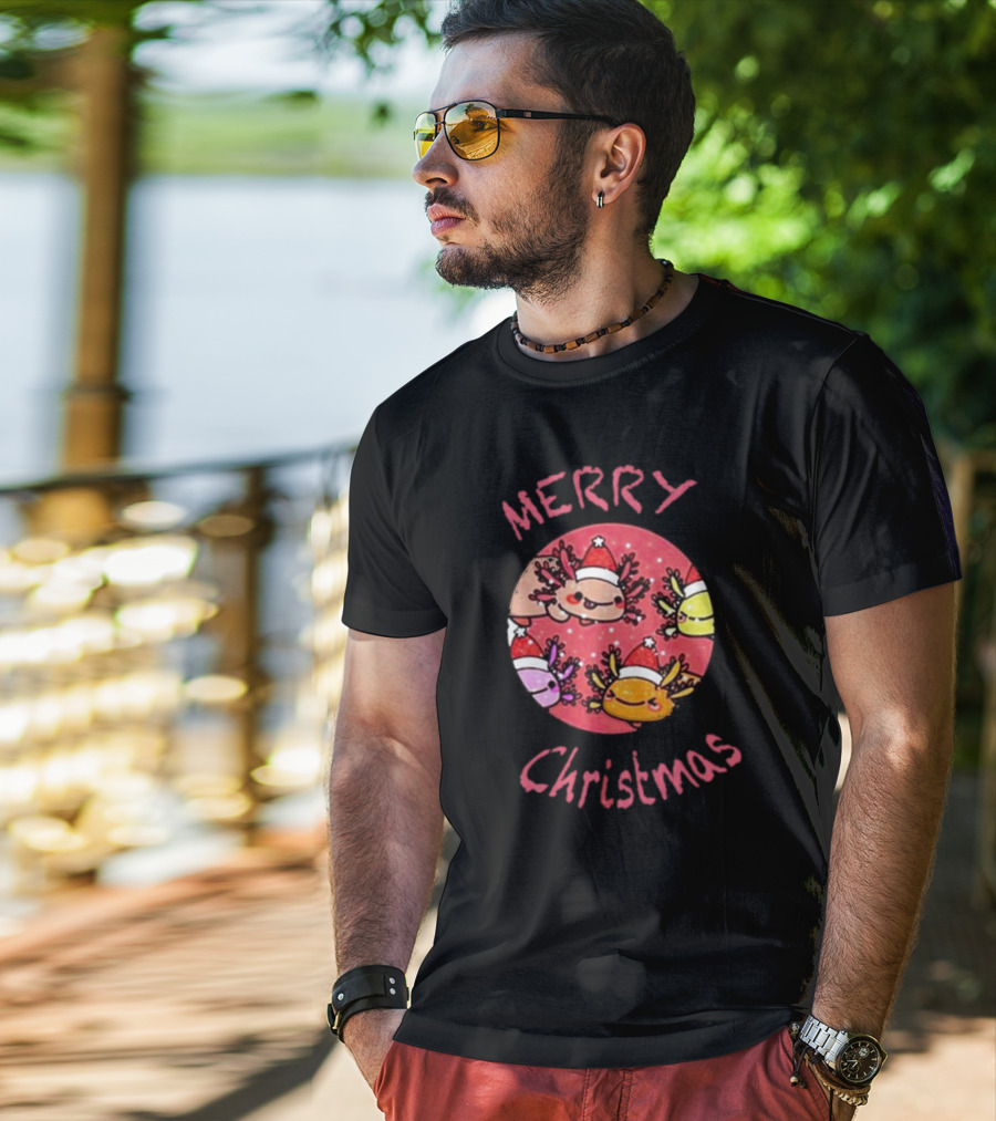 Merry Christmas Axolotl With Santa Hat T-Shirt