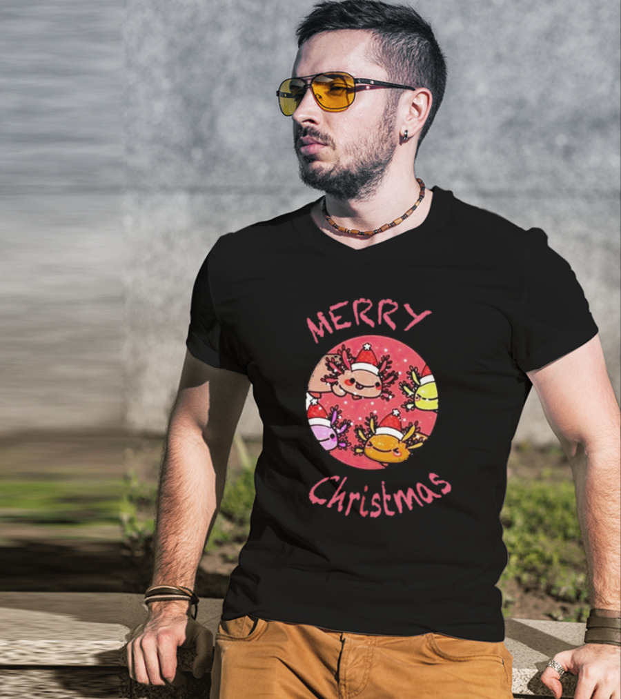 Merry Christmas Axolotl With Santa Hat T-Shirt