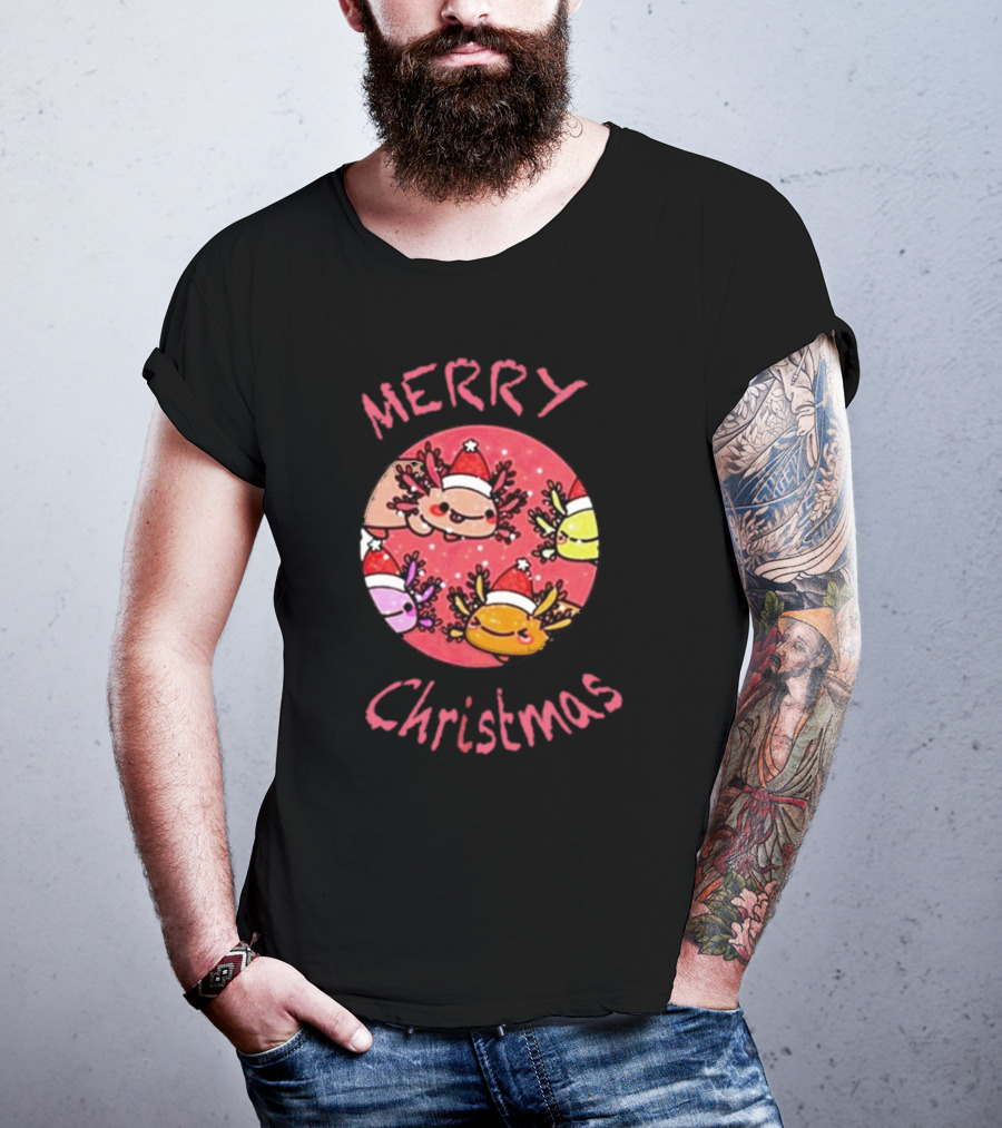 Merry Christmas Axolotl With Santa Hat T-Shirt