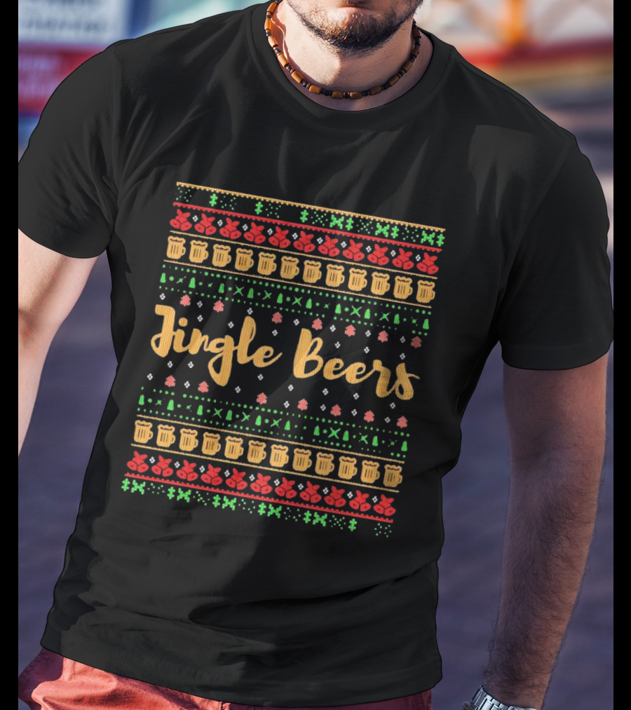 Jingle Beers Christmas Sweater Pattern With Beer Mugs And Holiday Decorations T-Shirt