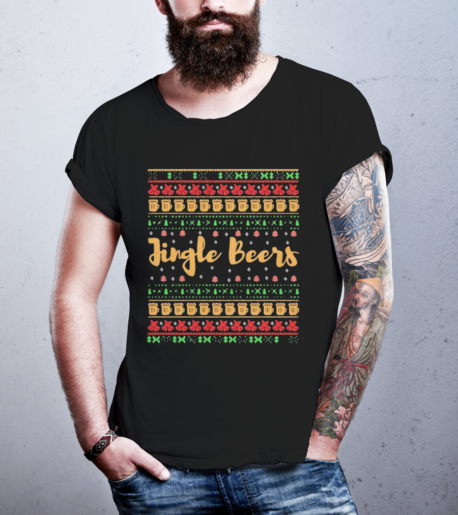 Jingle Beers Christmas Sweater Pattern With Beer Mugs And Holiday Decorations T-Shirt